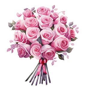 Watercolor a stunning bouquet of cascading roses, creating a romantic and elegant visual, decorate with Valentines day themed, full color, perfect for nursery art and Children’s book illustration style, watercolor illustration, simple, cute, clipart, single object, white background for removing background --no watercolor splash in background, text shadow font --style raw --v 5.2