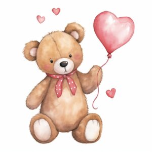 Watercolor a teddy bear holding heart-shaped balloons, adding a festive touch to the Valentine's Day theme, decorate with Valentines day themed, full color, perfect for nursery art and Children’s book illustration style, watercolor illustration, simple, cute, clipart, single object, white background for removing background --no watercolor splash in background, text shadow font --style raw --v 5.2