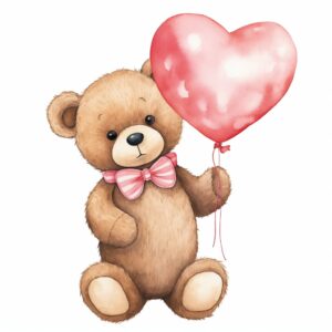 Watercolor a teddy bear holding heart-shaped balloons, adding a festive touch to the Valentine's Day theme, decorate with Valentines day themed, full color, perfect for nursery art and Children’s book illustration style, watercolor illustration, simple, cute, clipart, single object, white background for removing background --no watercolor splash in background, text shadow font --style raw --v 5.2