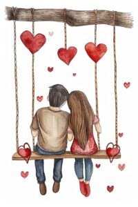 Watercolor back side view love couple sitting on swing, decorate with Valentines day themed, full color, watercolor illustration, simple, cute, clipart, single object, white background for removing background --no watercolor splash in background, text shadow font --ar 2:3 --style raw --v 6