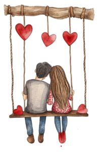 Watercolor back side view love couple sitting on swing, decorate with Valentines day themed, full color, watercolor illustration, simple, cute, clipart, single object, white background for removing background --no watercolor splash in background, text shadow font --ar 2:3 --style raw --v 6