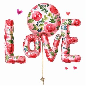 Watercolor ballon in shape of text "LOVE" , decorate with Valentines day themed, full color, watercolor illustration, simple, cute, clipart, single object, white background for removing background --no watercolor splash in background, text shadow font --style raw --v 6