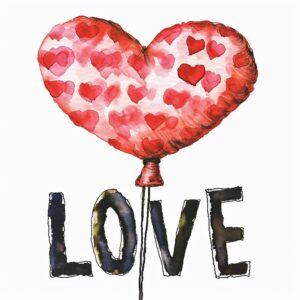 Watercolor ballon in shape of text "LOVE" with black strings, decorate with Valentines day themed, full color, watercolor illustration, simple, cute, clipart, single object, white background for removing background --no watercolor splash in background, text shadow font --style raw --v 6