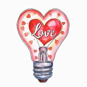 Watercolor bulb with heart inside it with text "love" written on heart, decorate with Valentines day themed, full color, watercolor illustration, simple, cute, clipart, single object, white background for removing background --no watercolor splash in background, text shadow font --style raw --v 6