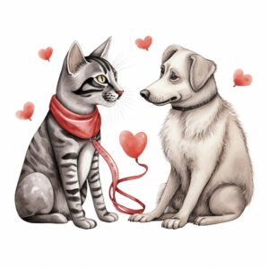Watercolor cat and dog , decorate with Valentines day themed, full color, perfect for nursery art and Children’s book illustration style, watercolor illustration, simple, cute, clipart, single object, white background for removing background --no watercolor splash in background, text shadow font --style raw --v 5.2