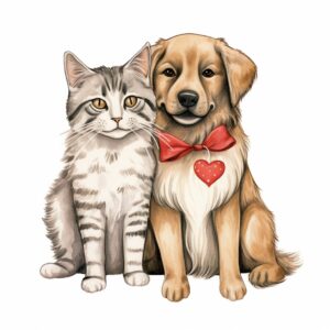 Watercolor cat and dog , decorate with Valentines day themed, full color, perfect for nursery art and Children’s book illustration style, watercolor illustration, simple, cute, clipart, single object, white background for removing background --no watercolor splash in background, text shadow font --style raw --v 5.2