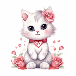Watercolor cat, decorate with Valentines day themed, full color, perfect for nursery art and Children’s book illustration style, watercolor illustration, simple, cute, clipart, single object, white background for removing background --no watercolor splash in background, text shadow font --style raw --v 5.2