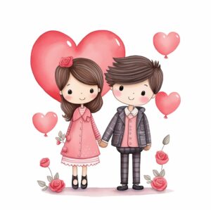 Watercolor couple celebrating Valentine's Day with hearts and roseso, decorate with Valentines day themed, full color, perfect for nursery art and Children’s book illustration style, watercolor illustration, simple, cute, clipart, single object, white background for removing background --no watercolor splash in background, text shadow font --style raw --v 5.2
