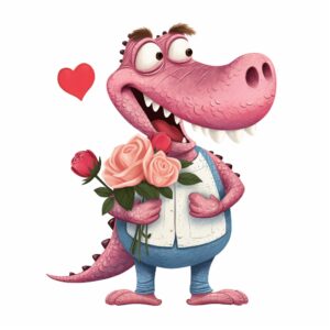 Watercolor crocodile, decorate with Valentines day themed, full color, perfect for nursery art and Children’s book illustration style, watercolor illustration, simple, cute, clipart, single object, white background for removing background --no watercolor splash in background, text shadow font --style raw --v 5.2