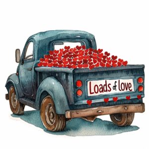 Watercolor cute mini truck back side view with truck filled with tiny red hearts and text "Loads of love" written on its back no. plate, decorate with Valentines day themed, full color, watercolor illustration, simple, cute, clipart, single object, white background for removing background --no watercolor splash in background, text shadow font --style raw --stylize 450 --v 6