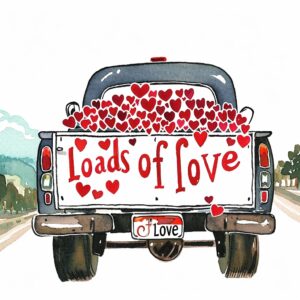 Watercolor cute mini truck back side view with truck filled with tiny red hearts and text "Loads of love" written on its back no. plate, decorate with Valentines day themed, full color, watercolor illustration, simple, cute, clipart, single object, white background for removing background --no watercolor splash in background, text shadow font --style raw --v 6