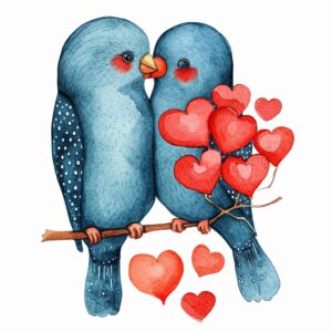 Watercolor cute pair of lovebirds with cluster of red hearts, decorate with Valentines day themed, full color, watercolor illustration, simple, cute, clipart, single object, white background for removing background --no watercolor splash in background, text shadow font --style raw --v 6