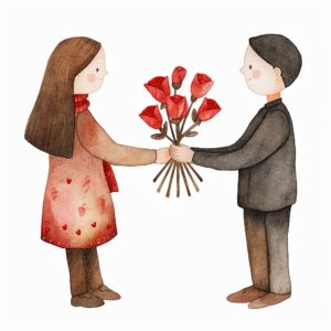 Watercolor cute woman and man portrait contour exchanging bouquet of roses, decorate with Valentines day themed, full color, watercolor illustration, simple, cute, clipart, single object, white background for removing background --no watercolor splash in background, text shadow font --style raw --v 6