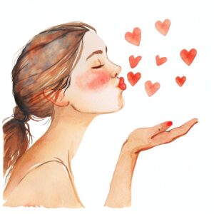 Watercolor cute woman portrait contour blowing flying kisses with on hand, decorate with Valentines day themed, full color, watercolor illustration, simple, cute, clipart, single object, white background for removing background --no watercolor splash in background, text shadow font --style raw --v 6
