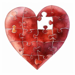 Watercolor deep red heart made of puzzel pieces with one piece missing, decorate with Valentines day themed, full color, watercolor illustration, simple, cute, clipart, single object, white background for removing background --no watercolor splash in background, text shadow font --style raw --v 6