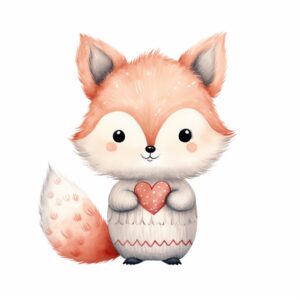Watercolor fox, decorate with Valentines day themed, full color, watercolor illustration, simple, cute, clipart, single object, white background for removing background --no watercolor splash in background, text shadow font --style raw --v 5.2