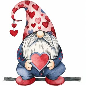 Watercolor gnome, decorate with Valentines day themed, full color, watercolor illustration, simple, cute, clipart, single object, white background for removing background --no watercolor splash in background, text shadow font --style raw --v 6