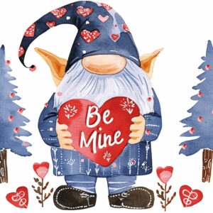 Watercolor gnome holding heart with text "Be Mine" on it, decorate with Valentines day themed, full color, watercolor illustration, simple, cute, clipart, single object, white background for removing background --no watercolor splash in background, text shadow font --style raw --v 6