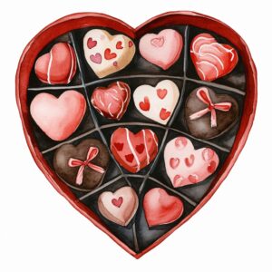 Watercolor heaRt shaped chocalate box, decorate with Valentines day themed, full color, watercolor illustration, simple, cute, clipart, single object, white background for removing background --no watercolor splash in background, text shadow font --style raw --v 6