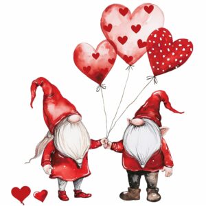 Watercolor lady gnome and male gnome in red attire holding hands and with heart-shaped balloons, decorate with Valentines day themed, full color, watercolor illustration, simple, cute, clipart, single object, white background for removing background --no watercolor splash in background, text shadow font --style raw --v 6