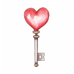 Watercolor love key, decorate with Valentines day themed, full color, perfect for nursery art and Children’s book illustration style, watercolor illustration, simple, cute, clipart, single object, white background for removing background --no watercolor splash in background, text shadow font --style raw --v 5.2