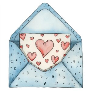 Watercolor open envelope with love letter and heart printed on it, decorate with Valentines day themed, full color, watercolor illustration, simple, cute, clipart, single object, white background for removing background --no watercolor splash in background, text shadow font --style raw --v 6