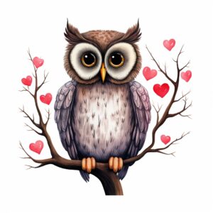 Watercolor owl, decorate with Valentines day themed, full color, watercolor illustration, simple, cute, clipart, single object, white background for removing background --no watercolor splash in background, text shadow font --style raw --v 5.2