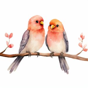 Watercolor pair of Lovebirds, decorate with Valentines day themed, full color, perfect for nursery art and Children’s book illustration style, watercolor illustration, simple, cute, clipart, single object, white background for removing background --no watercolor splash in background, text shadow font --style raw --v 5.2