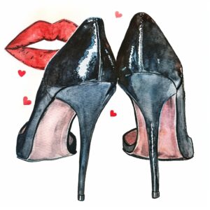 Watercolor pair of black stylish heels from back side with red kiss lip mark in the background, decorate with Valentines day themed, full color, watercolor illustration, simple, cute, clipart, single object, white background for removing background --no watercolor splash in background, text shadow font --style raw --v 6