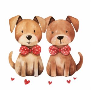 Watercolor pair of dog, decorate with Valentines day themed, full color, perfect for nursery art and Children’s book illustration style, watercolor illustration, simple, cute, clipart, single object, white background for removing background --no watercolor splash in background, text shadow font --style raw --v 5.2