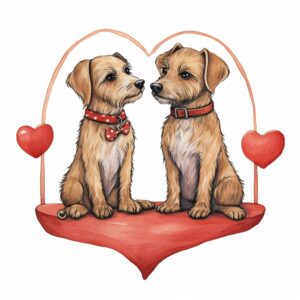 Watercolor pair of dog, decorate with Valentines day themed, full color, perfect for nursery art and Children’s book illustration style, watercolor illustration, simple, cute, clipart, single object, white background for removing background --no watercolor splash in background, text shadow font --style raw --v 5.2