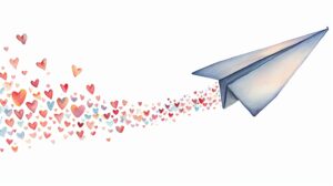 Watercolor paper plane flying leaving trail of tiny hearts behind it, decorate with Valentines day themed, full color, watercolor illustration, simple, cute, clipart, single object, white background for removing background --no watercolor splash in background, text shadow font --ar 16:9 --style raw --v 6