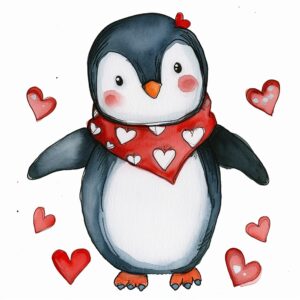 Watercolor penguin, decorate with Valentines day themed, full color, watercolor illustration, simple, cute, clipart, single object, white background for removing background --no watercolor splash in background, text shadow font --style raw --v 6