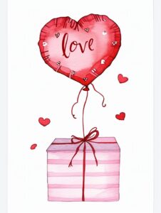 Watercolor pink gift box with red heart shaped balloon tied with it and text "love" written on balloon, decorate with Valentines day themed, full color, watercolor illustration, simple, cute, clipart, single object, white background for removing background --no watercolor splash in background, text shadow font --ar 3:4 --style raw --v 6