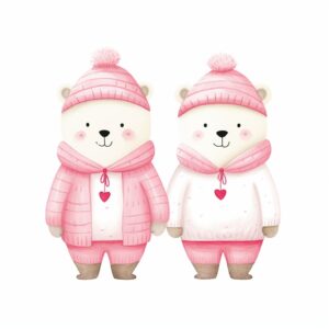 Watercolor polar bear couple, decorate with Valentines day themed, full color, perfect for nursery art and Children’s book illustration style, watercolor illustration, simple, cute, clipart, single object, white background for removing background --no watercolor splash in background, text shadow font --style raw --v 5.2