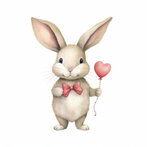 Watercolor rabbit, decorate with Valentines day themed, full color, watercolor illustration, simple, cute, clipart, single object, white background for removing background --no watercolor splash in background, text shadow font --style raw --v 5.2