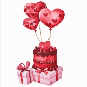 Watercolor red cake with red heart shaped balloons and pink gift box, decorate with Valentines day themed, full color, watercolor illustration, simple, cute, clipart, single object, white background for removing background --no watercolor splash in background, text shadow font --style raw --v 6