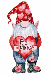 Watercolor red gnome holding heart with text "Be Mine" on it, decorate with Valentines day themed, full color, watercolor illustration, simple, cute, clipart, single object, white background for removing background --no watercolor splash in background, text shadow font --ar 2:3 --style raw --v 6