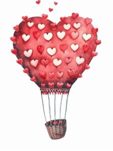 Watercolor red heart shaped hot air balloon filled with tiny hearts, decorate with Valentines day themed, full color, watercolor illustration, simple, cute, clipart, single object, white background for removing background --no watercolor splash in background, text shadow font --ar 3:4 --style raw --v 6
