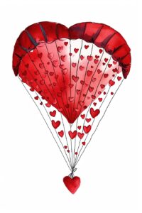 Watercolor red heart shaped parachute filled with tiny hearts, decorate with Valentines day themed, full color, watercolor illustration, simple, cute, clipart, single object, white background for removing background --no watercolor splash in background, text shadow font --ar 2:3 --style raw --v 6