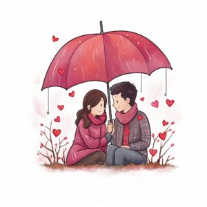 Watercolor romantic scene of a couple sharing an umbrella in the rain, decorate with Valentines day themed, full color, perfect for nursery art and Children’s book illustration style, watercolor illustration, simple, cute, clipart, single object, white background for removing background --no watercolor splash in background, text shadow font --style raw --v 5.2