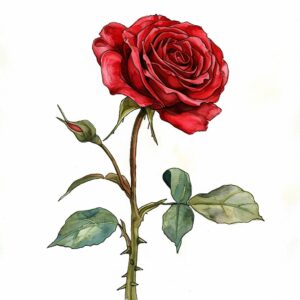 Watercolor single red rose, decorate with Valentines day themed, full color, watercolor illustration, simple, cute, clipart, single object, white background for removing background --no watercolor splash in background, text shadow font --style raw --v 6