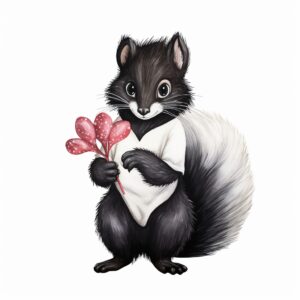 Watercolor skunk, decorate with Valentines day themed, full color, watercolor illustration, simple, cute, clipart, single object, white background for removing background --no watercolor splash in background, text shadow font --style raw --v 5.2