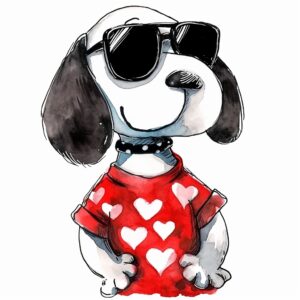 Watercolor snoopy dog wearing black shades and red t-shirt with heart print on it giving cool pose, decorate with Valentines day themed, full color, watercolor illustration, simple, cute, clipart, single object, white background for removing background --no watercolor splash in background, text shadow font --style raw --v 6