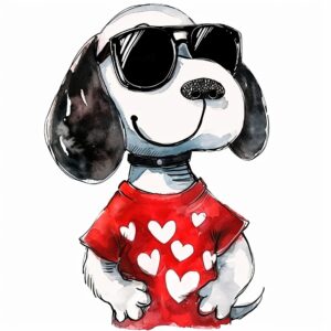 Watercolor snoopy dog wearing black shades and red t-shirt with heart print on it giving cool pose, decorate with Valentines day themed, full color, watercolor illustration, simple, cute, clipart, single object, white background for removing background --no watercolor splash in background, text shadow font --style raw --v 6