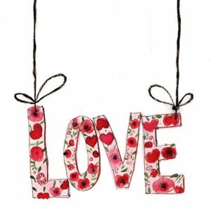 Watercolor text "love" hangs with the black string, decorate with Valentines day themed, full color, watercolor illustration, simple, cute, clipart, single object, white background for removing background --no watercolor splash in background, text shadow font --style raw --v 6