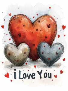 Watercolor three different size and color heart with text " i Love You" on them, decorate with Valentines day themed, full color, watercolor illustration, simple, cute, clipart, single object, white background for removing background --no watercolor splash in background, text shadow font --ar 3:4 --style raw --stylize 500 --v 6