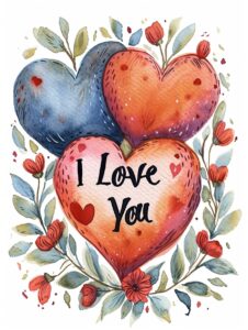 Watercolor three different size and color heart with text "I Love You" on them, decorate with Valentines day themed, full color, watercolor illustration, simple, cute, clipart, single object, white background for removing background --no watercolor splash in background, text shadow font --ar 3:4 --style raw --stylize 500 --v 6