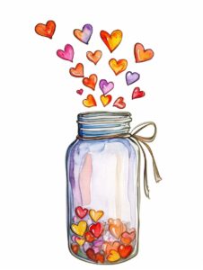 Watercolor top view of open glass jar with tiny hearts rising out of it, decorate with Valentines day themed, full color, watercolor illustration, simple, cute, clipart, single object, white background for removing background --no watercolor splash in background, text shadow font --ar 3:4 --style raw --v 6
