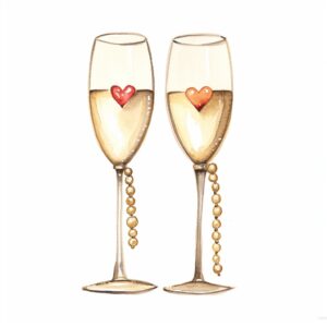 Watercolor two Champagne Glasses , decorate with Valentines day themed, full color, perfect for nursery art and Children’s book illustration style, watercolor illustration, simple, cute, clipart, single object, white background for removing background --no watercolor splash in background, text shadow font --style raw --v 5.2